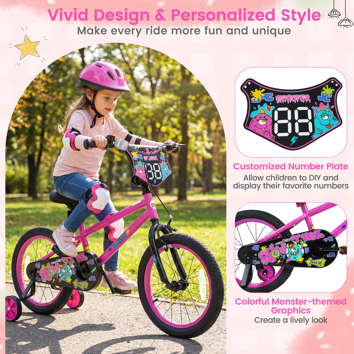 16 Inch Kids Bike with Training Wheels for Ages 4-7 Years Old Pink- Street Art Time