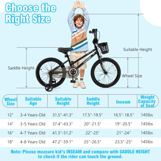 16 Inch Kids Bike with Basket and Training Wheels for Children Aged 4-7 Years Old