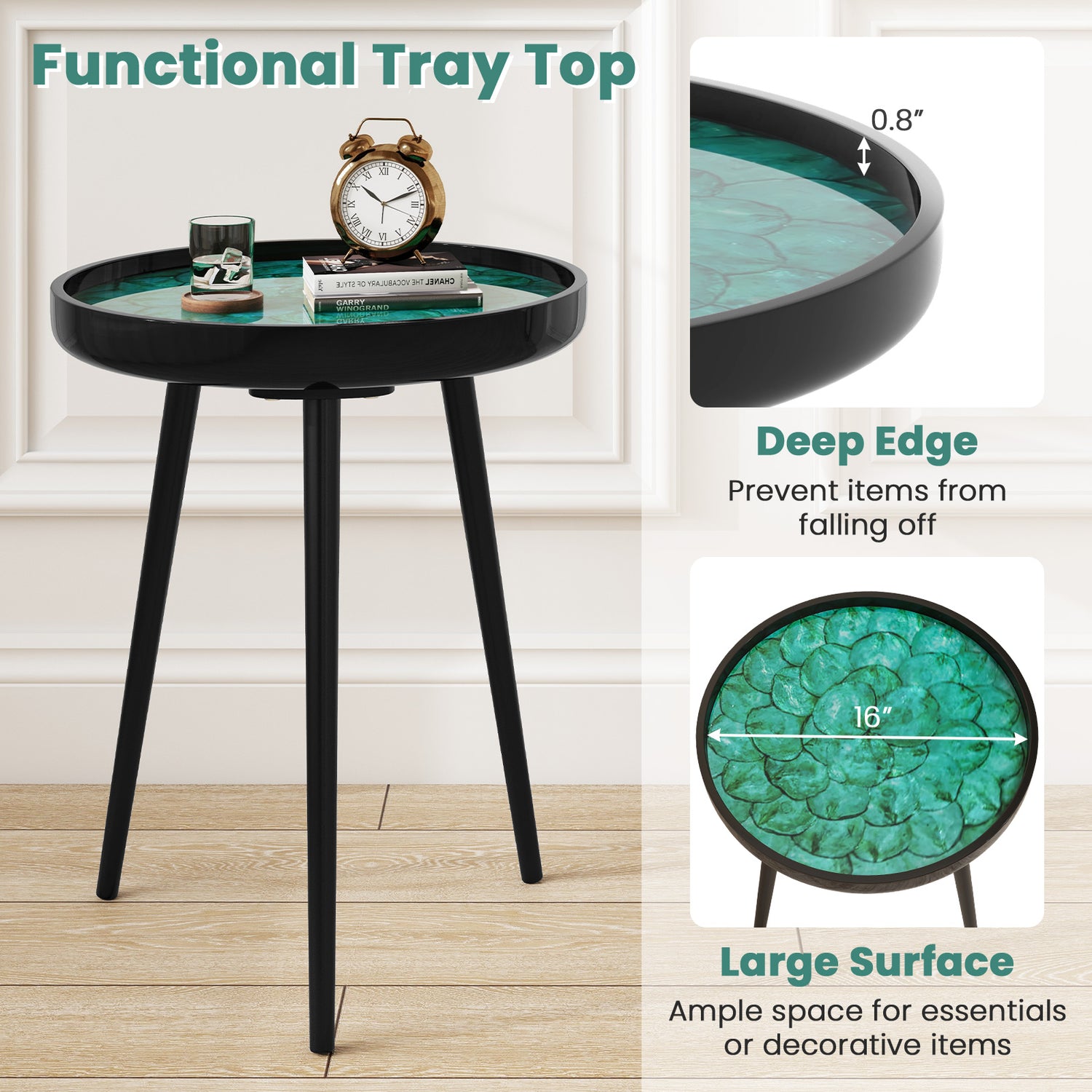 16 Inch Mid-century Modern Coffee End Table with Sea Shell Decoration-Green