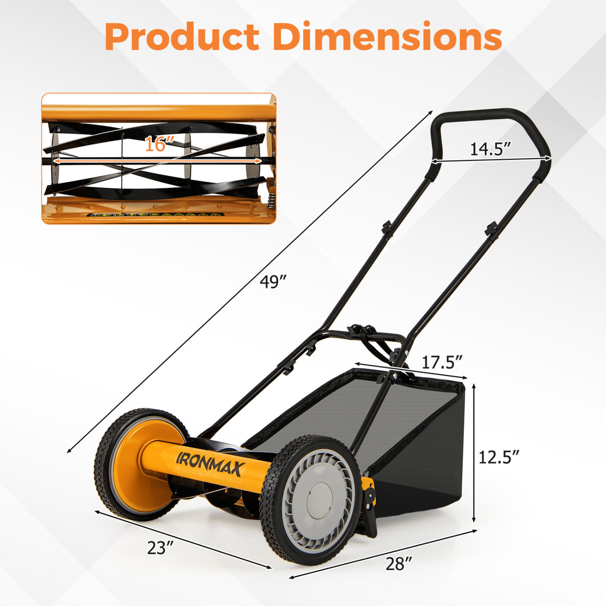 16 Inch Push Lawn Mower with 5 Steel Blades and Grass Catcher Bag-Orange