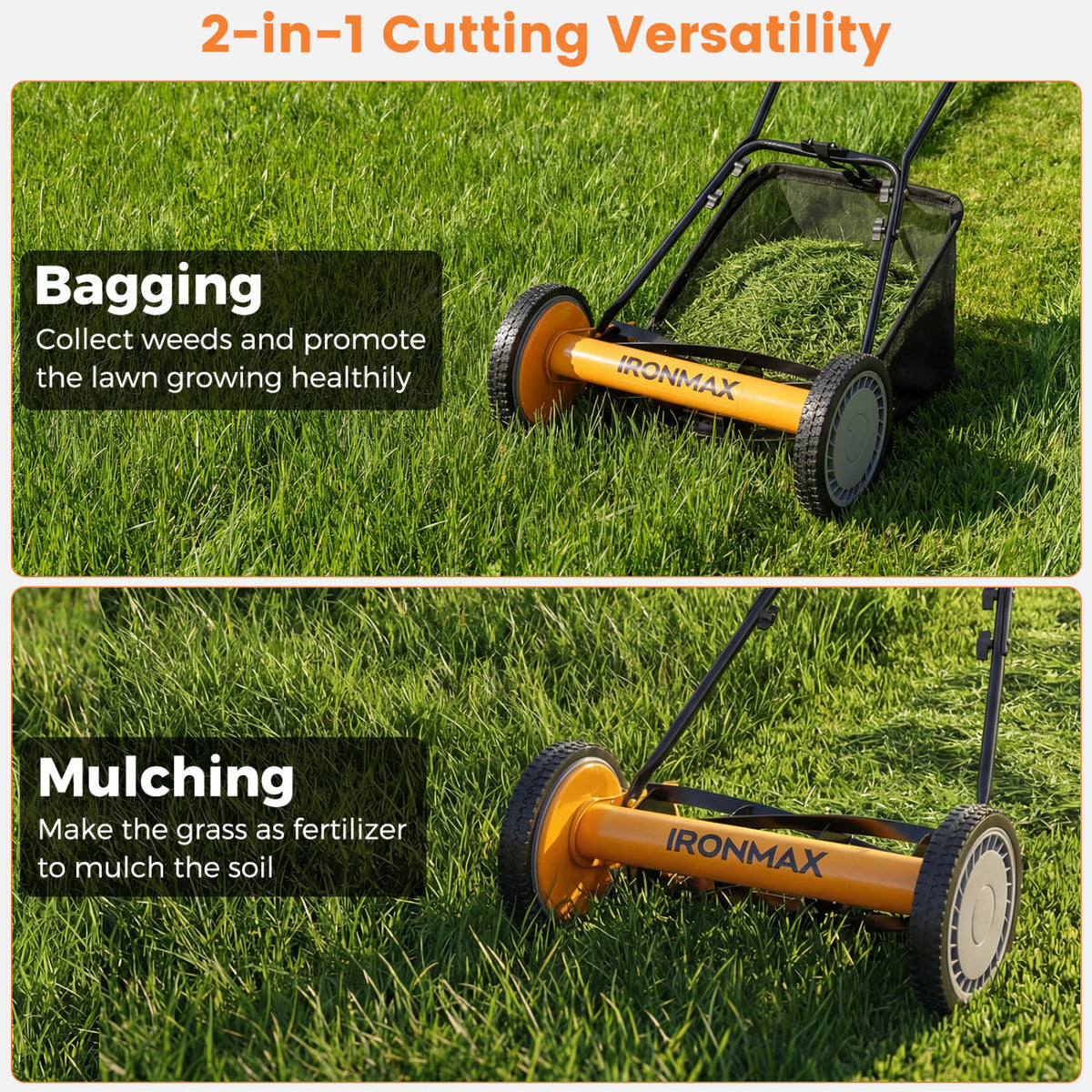 16 Inch Push Lawn Mower with 5 Steel Blades and Grass Catcher Bag-Orange