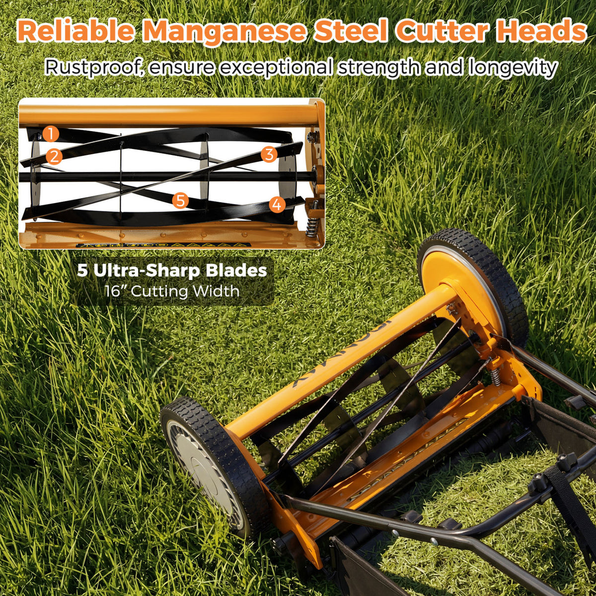 16 Inch Push Lawn Mower with 5 Steel Blades and Grass Catcher Bag-Orange