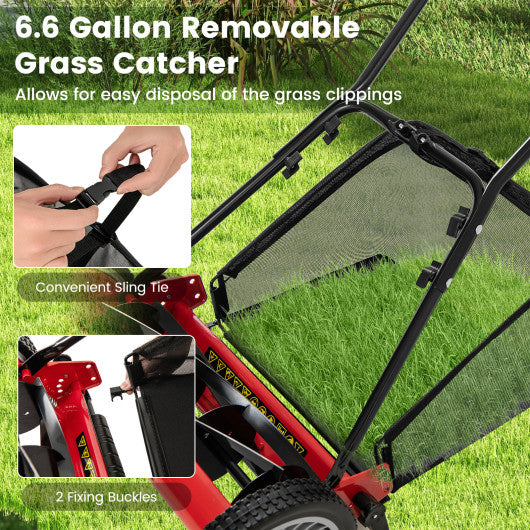 16 Inch Push Lawn Mower with 5 Steel Blades and Grass Catcher Bag-Red