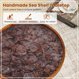 16 Inch Round End Table with Sea Shell Decoration and Epoxy Resin Finish-Brown