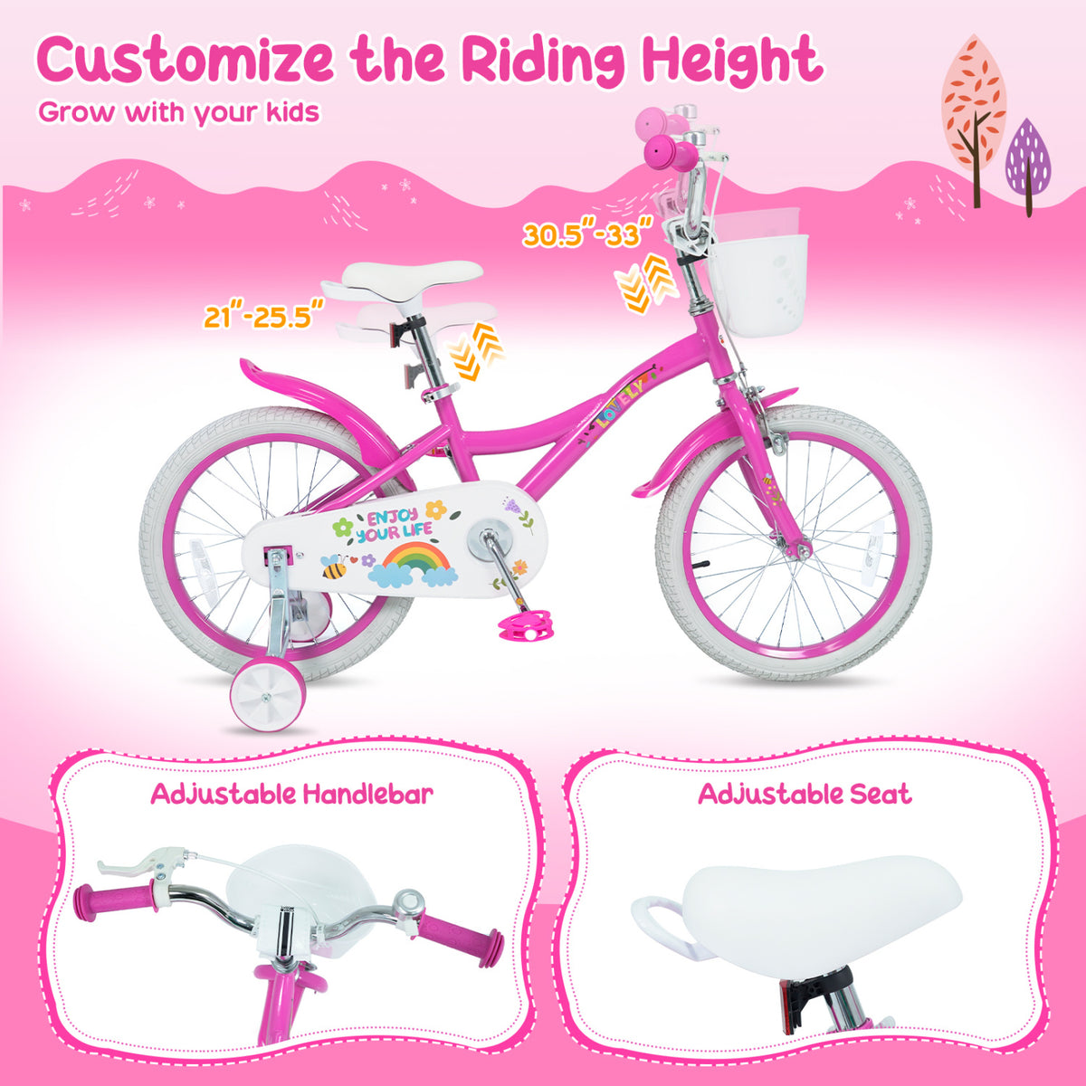 16 Inches Girls Bike for 4-7 Years Old with Basket - Spring Party  Pink