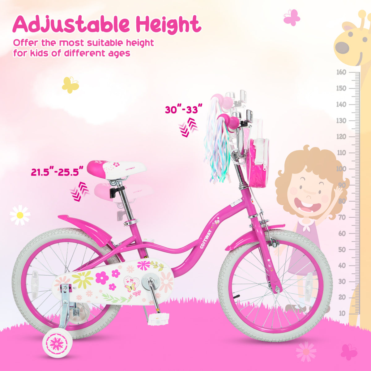 16 Inches Girls Bike with Front Bag and Streamers for 4-7 Years Pink