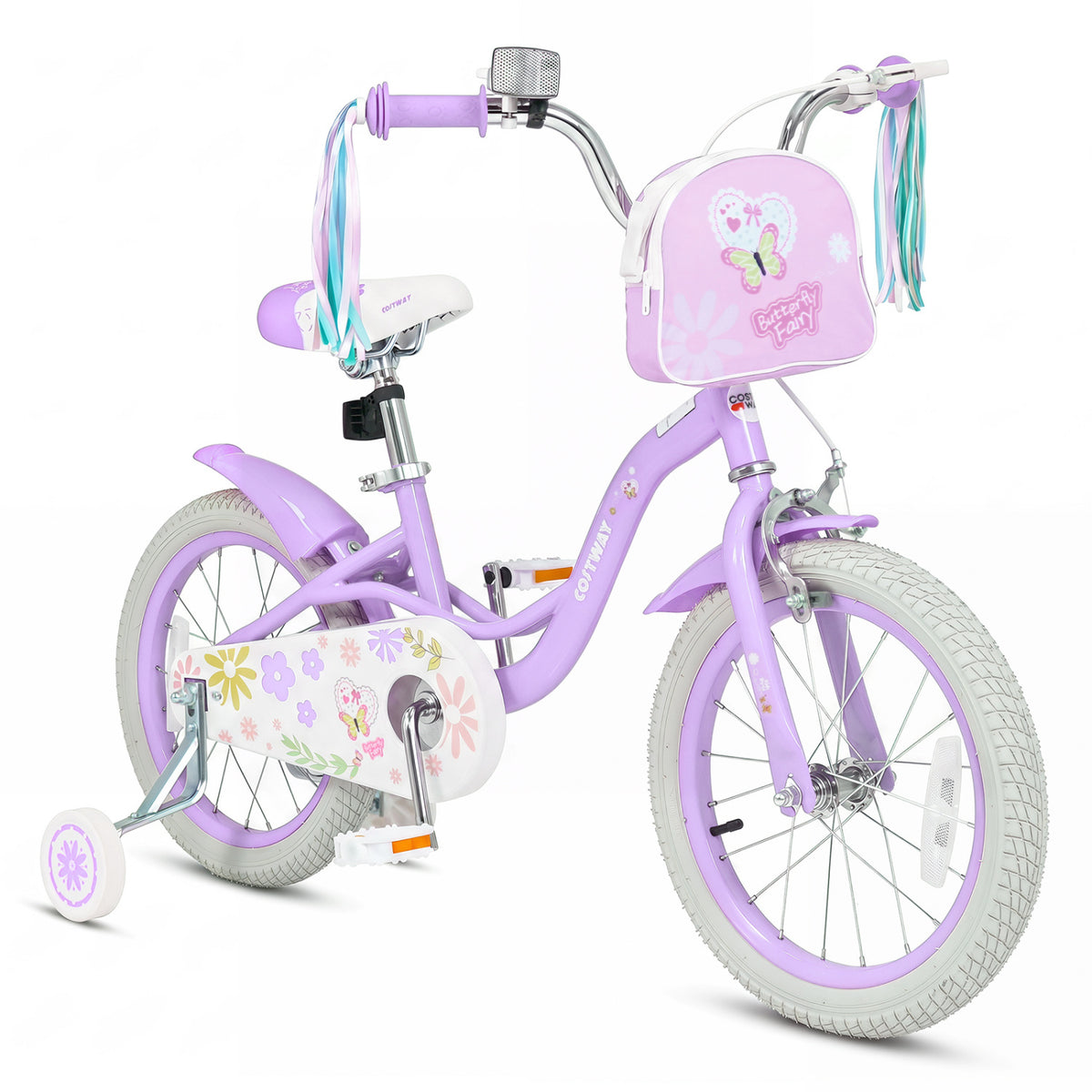 16 Inches Girls Bike with Front Bag and Streamers for 4-7 Years Purple