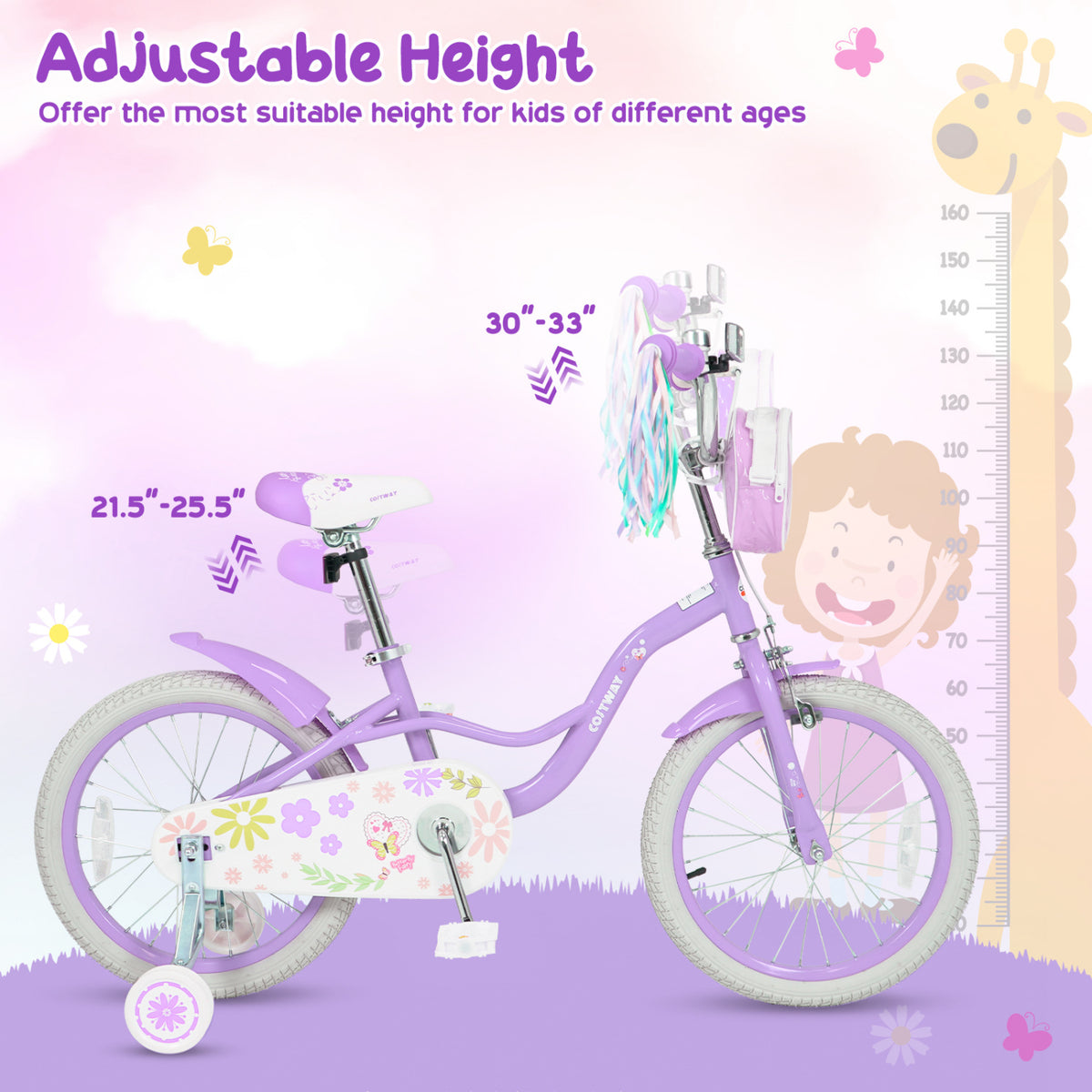 16 Inches Girls Bike with Front Bag and Streamers for 4-7 Years Purple