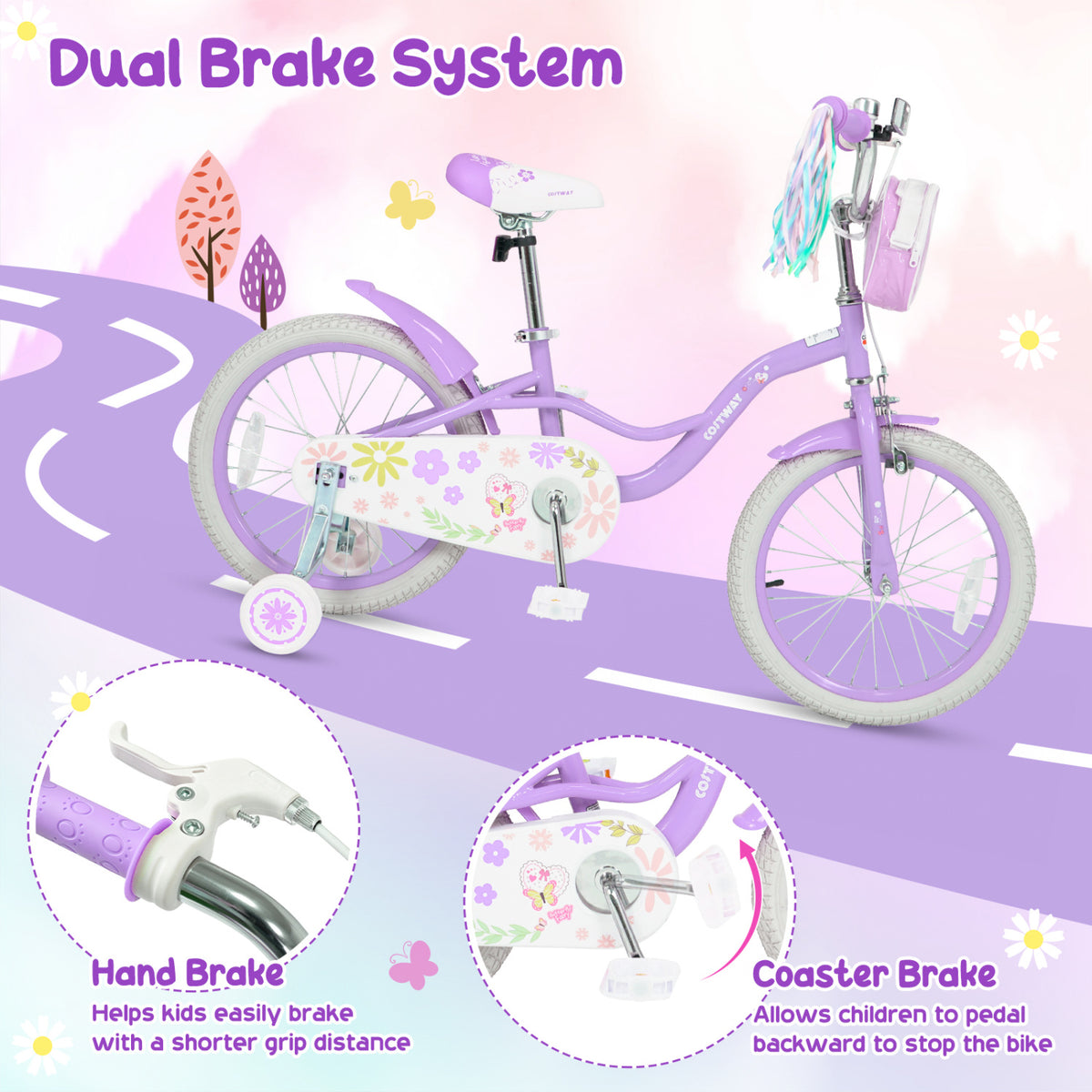 16 Inches Girls Bike with Front Bag and Streamers for 4-7 Years Purple