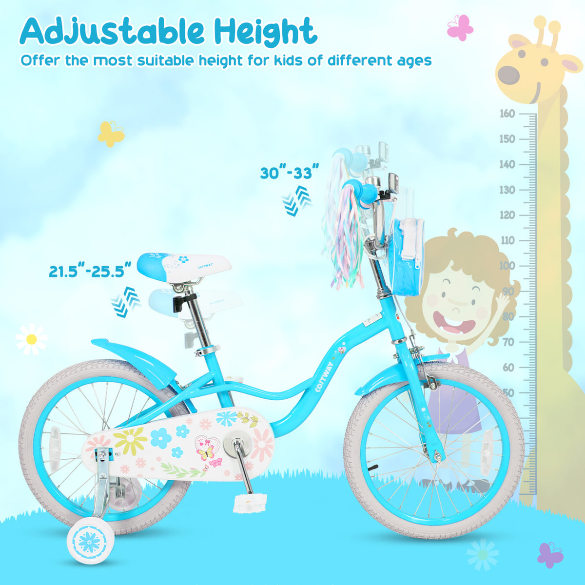 16 Inches Girls Bike with Front Bag and Streamers for 4-7 Years Blue