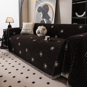 Chenille Camellia Floral Sofa Throw Cover Couch Blanket with Striped Jacquard