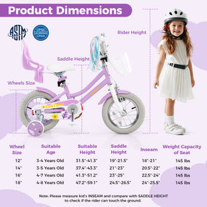 12 Inch Girls Bike Kids Bicycle with Doll Seat and Streamers for Children 3-4 Years Old