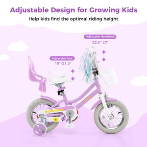 12 Inch Girls Bike Kids Bicycle with Doll Seat and Streamers for Children 3-4 Years Old