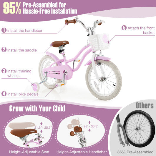 16 Inch Kids Bike with Front Handbrake and 2 Training Wheels-Purple