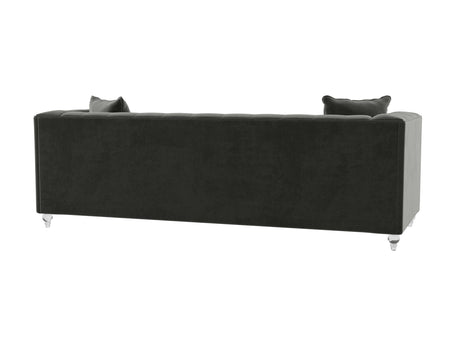 The image displays the back view of the Bea Velvet Tufted Sofa in a dark green color, featuring two cushions. It has a sleek, rectangular design with crisp lines and rests on four glossy, transparent legs.