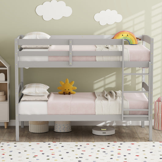 Solid Wood Twin Over Twin Bunk Bed Frame with High Guardrails and Integrated Ladder-Gray