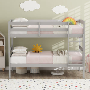 Solid Wood Twin Over Twin Bunk Bed Frame with High Guardrails and Integrated Ladder-Gray