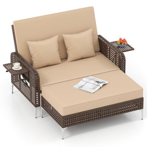 2 Piece Patio Rattan Daybed Wicker Loveseat and Ottoman with Adjustable Backrest-Brown