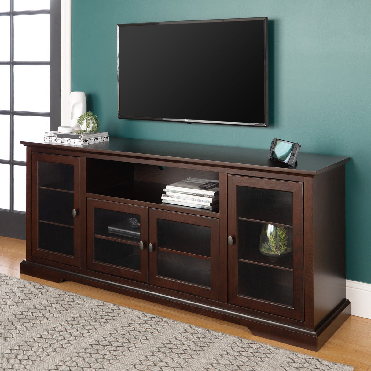 Transitional Classic 70" TV Stand For 80" TVs With 4 Glass Doors by Couch.com