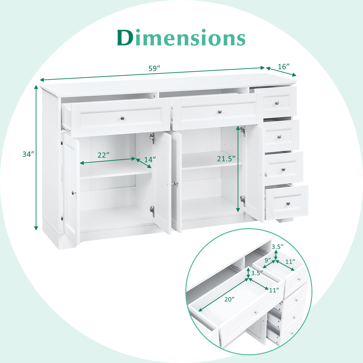 Buffet Sideboard 59" Modern Coffee Bar Station Console Table-White