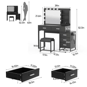 Vanity Desk With Lights, Makeup Vanity Set With Charging Station, Dressing Table With 5 Drawers And Cabinet, Vanity Mirror 3 Lighting Color Adjustable - Black by Couch.com