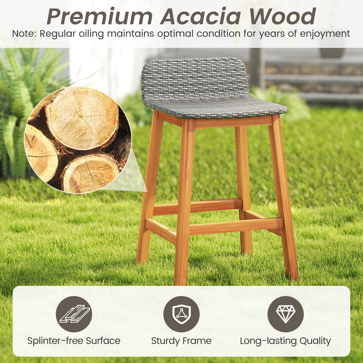 Solid Acacia Wood Bar Stools Set of 2 with Backrests and Footrests for Porch-Gray