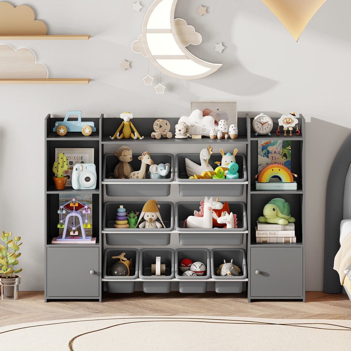 56 inch Large Toy Storage Organizer with 8 Removable Bins and Bookshelf-Gray