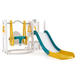 7-in-1 Toddler Swing and Slide Set L-shaped with Ladder and Basketball Hoop-Yellow