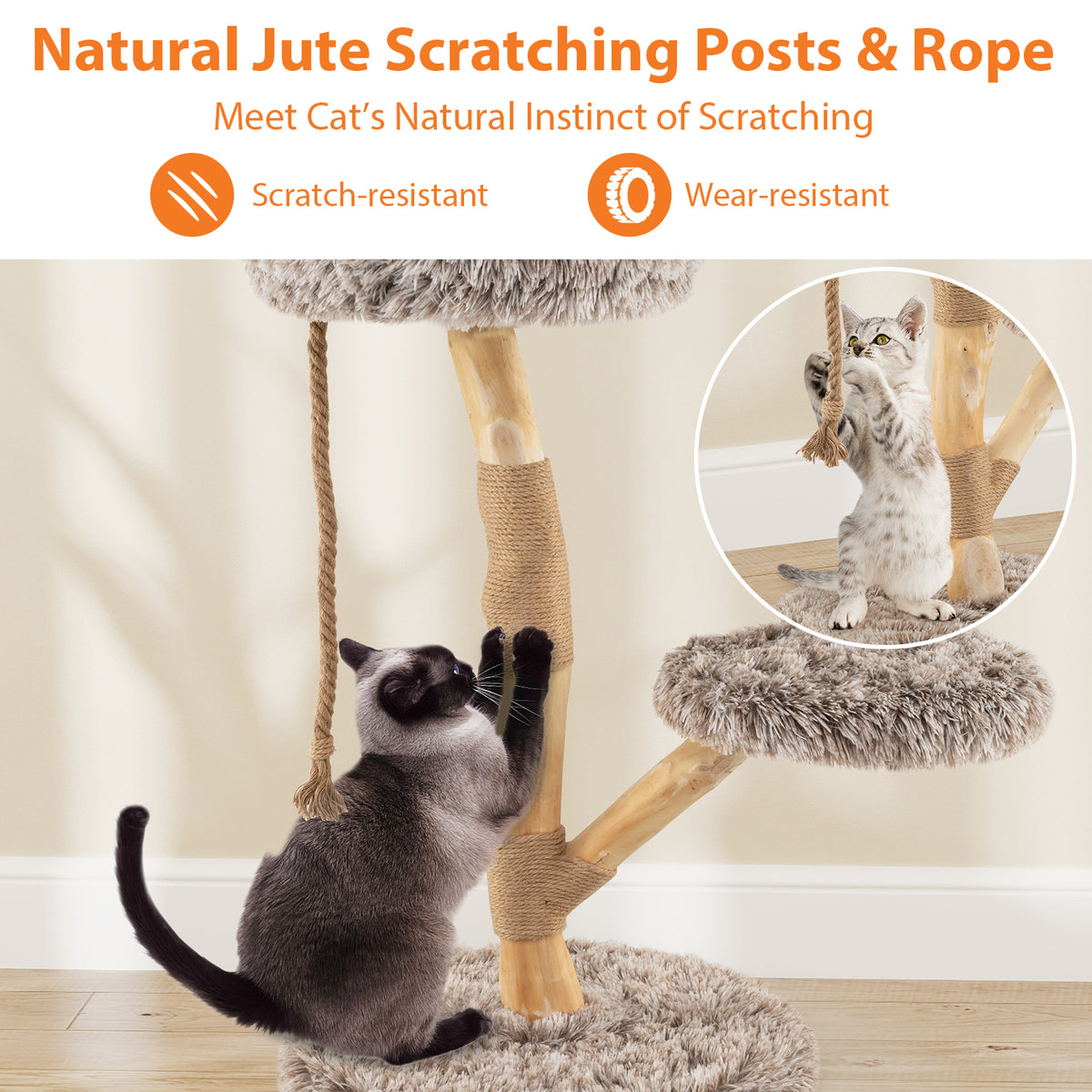 Modern Wooden Cat Tree Tower with Perch and Natural Jute Scratching Posts-Brown