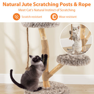 Modern Wooden Cat Tree Tower with Perch and Natural Jute Scratching Posts-Brown