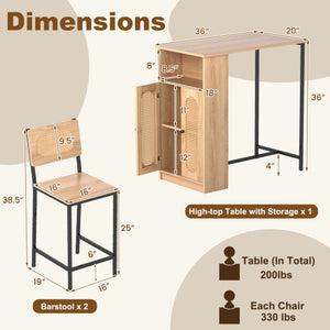 3-Piece Bar Table and Chairs Set with Storage Shelves and Footrests-Natural