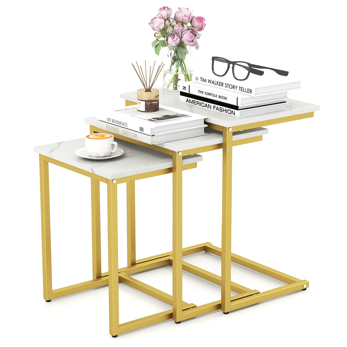 3 Pieces Multifunctional Coffee End Table Set-White