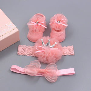 Flower Baby Girl Headband Socks Set Shoes With  Crown Bows Newborn Headbands For Girls Turban Baby Hair Accessories
