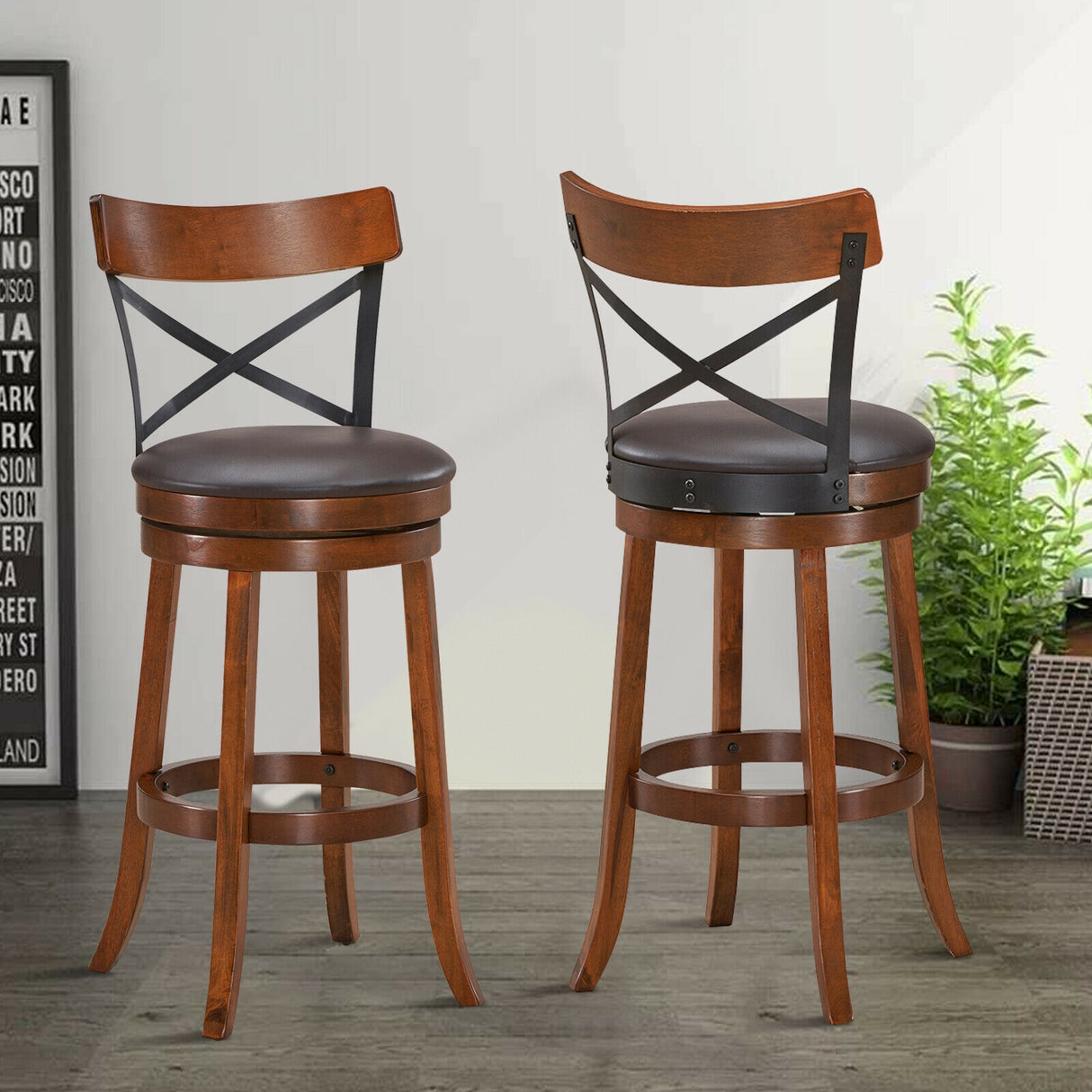 Set of 2 Bar Stools 360-Degree Swivel Dining Bar Chairs with Rubber Wood Legs-25 inch