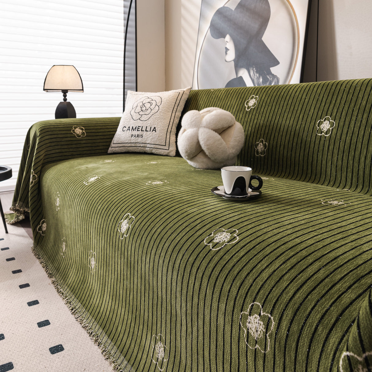 Chenille Camellia Floral Sofa Throw Cover Couch Blanket with Striped Jacquard