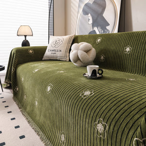 Chenille Camellia Floral Sofa Throw Cover Couch Blanket with Striped Jacquard