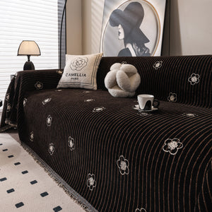 Chenille Camellia Floral Sofa Throw Cover Couch Blanket with Striped Jacquard