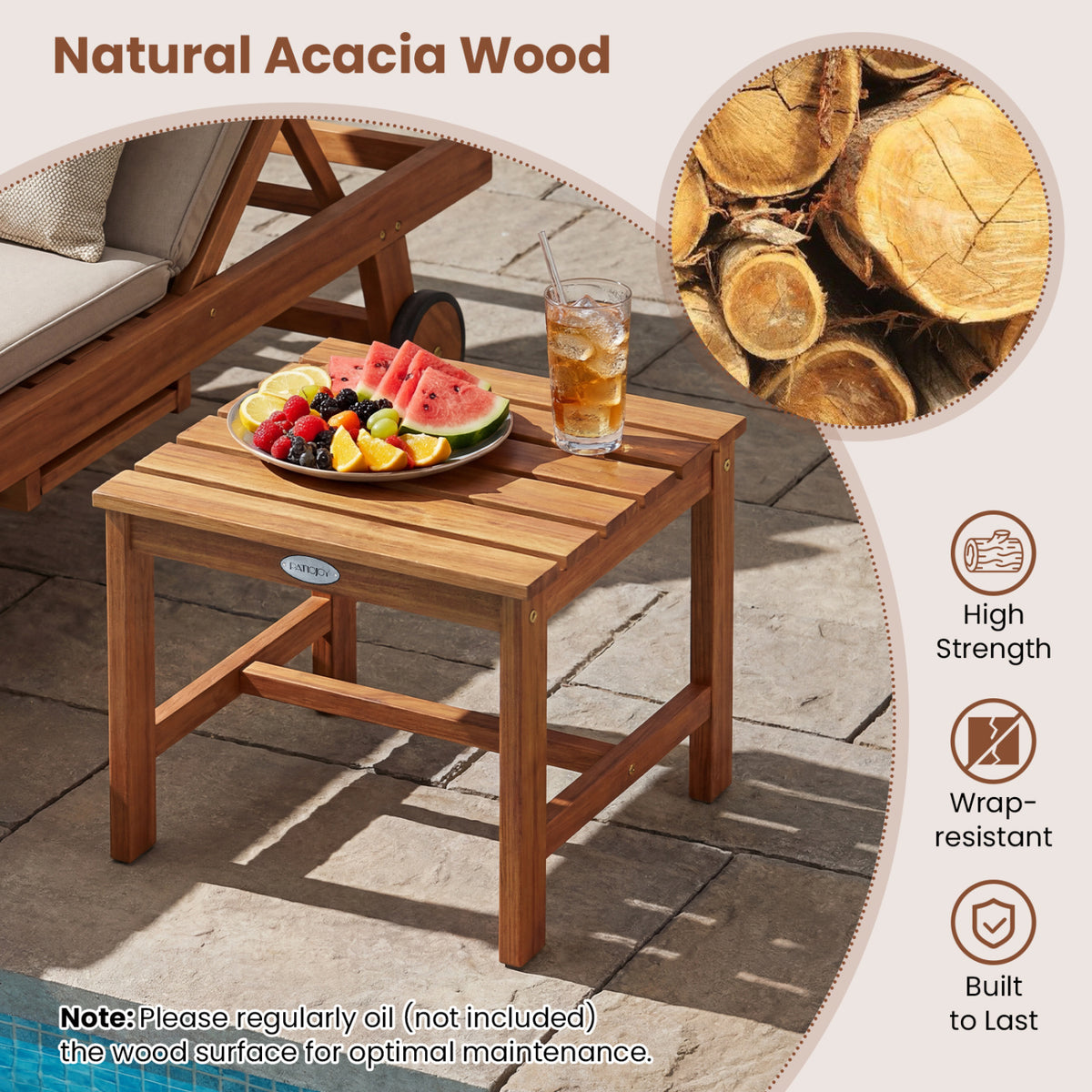 17â€ Square Patio Acacia Wood Side Table with Slatted Tabletop-Set of 2