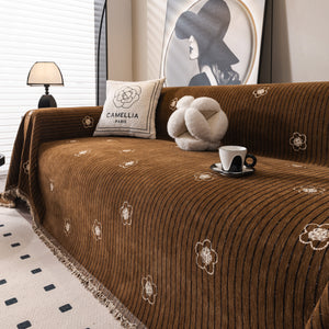 Chenille Camellia Floral Sofa Throw Cover Couch Blanket with Striped Jacquard