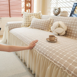 Grid Textured Sofa Cover with Sheer Ruffle Skirt, Pet-Friendly Sofa Throw Slipcover