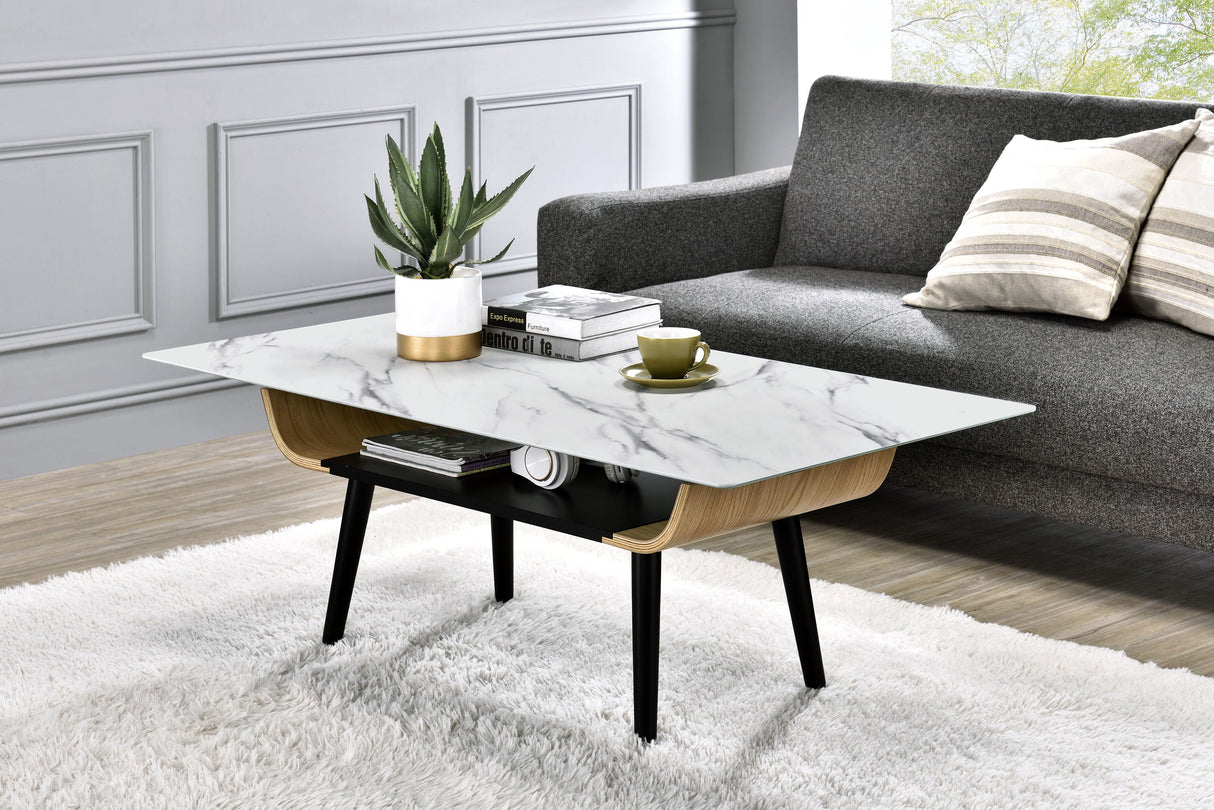 Landon - Coffee Table With Glass Marble Texture Top And Bent Wood Design by Couch.com