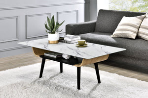 Landon - Coffee Table With Glass Marble Texture Top And Bent Wood Design by Couch.com