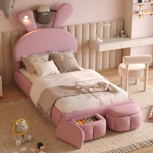 Twin Size Upholstered Platform Bed With Cartoon Ears Shaped Headboard And Light - Pink by Couch.com
