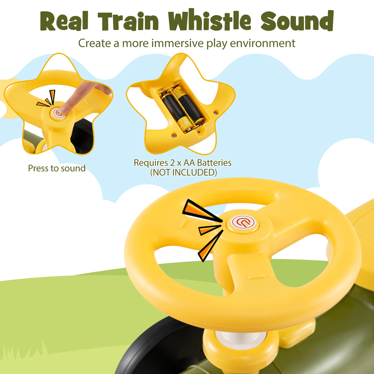 Ride on Toy with Steering Wheel and Train Whistle Sound Button-Green