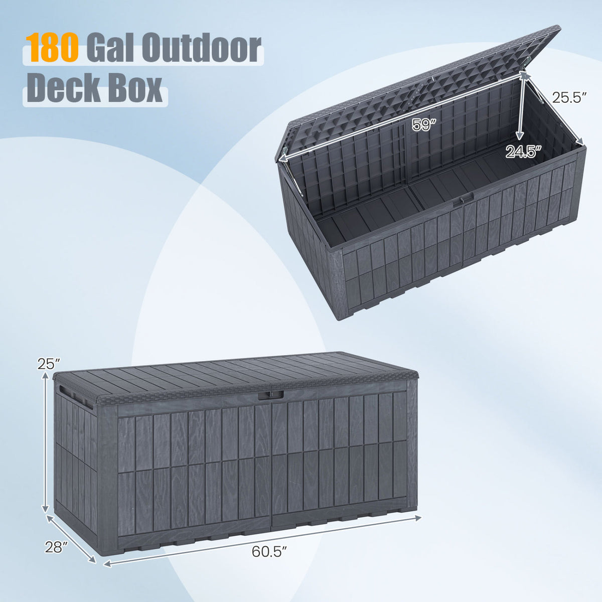 180 Gal Outdoor Deck Box All-Weather Lockable Storage Bin with Lid and Handles-Gray