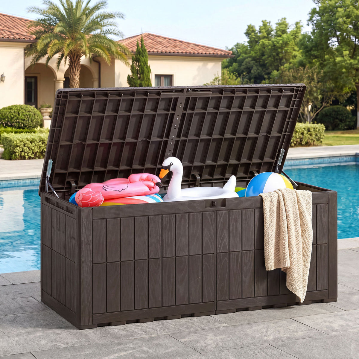 180 Gal Outdoor Deck Box All-Weather Lockable Storage Bin with Lid and Handles-Brown