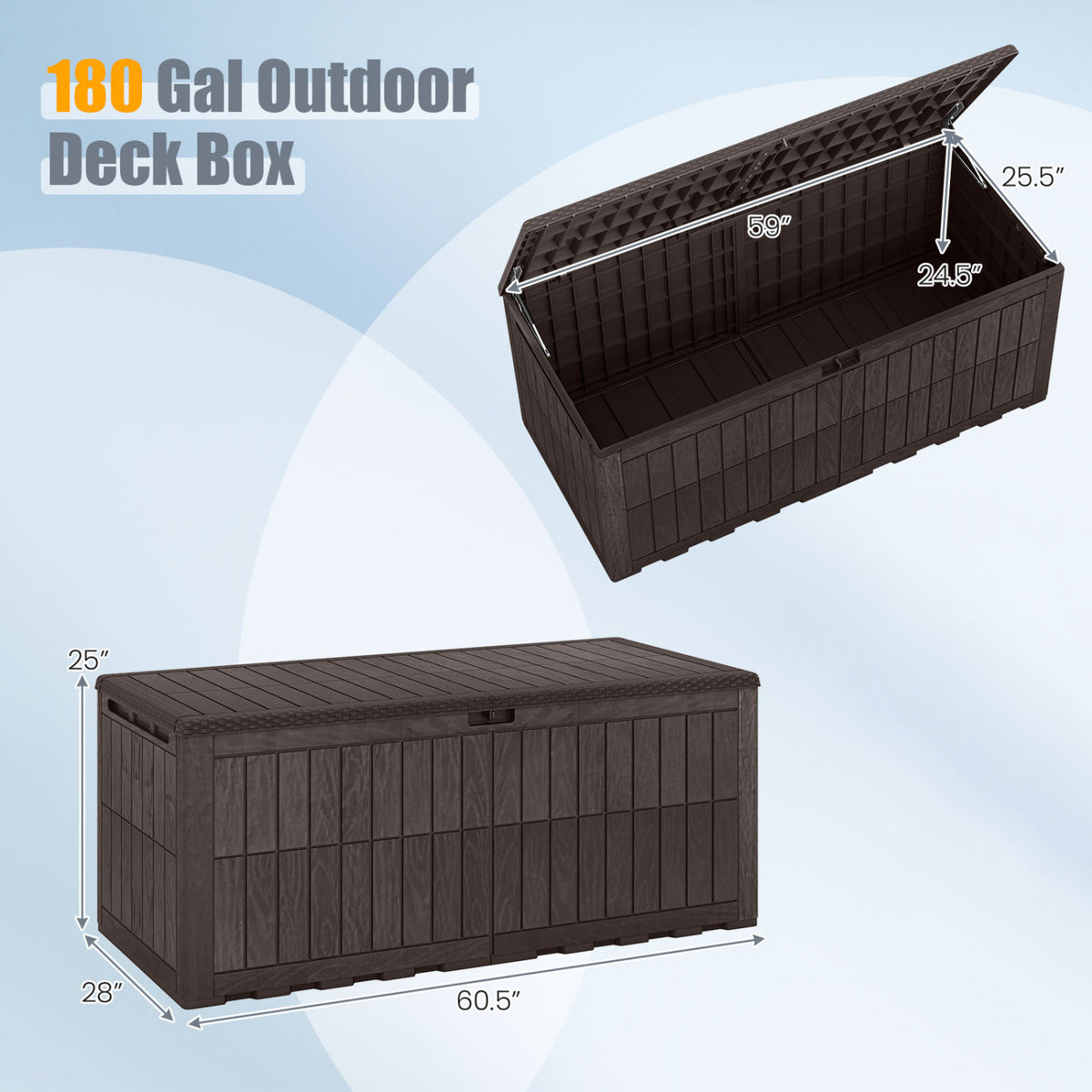 180 Gal Outdoor Deck Box All-Weather Lockable Storage Bin with Lid and Handles-Brown