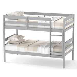 Solid Wood Twin Over Twin Bunk Bed Frame with High Guardrails and Integrated Ladder-Gray