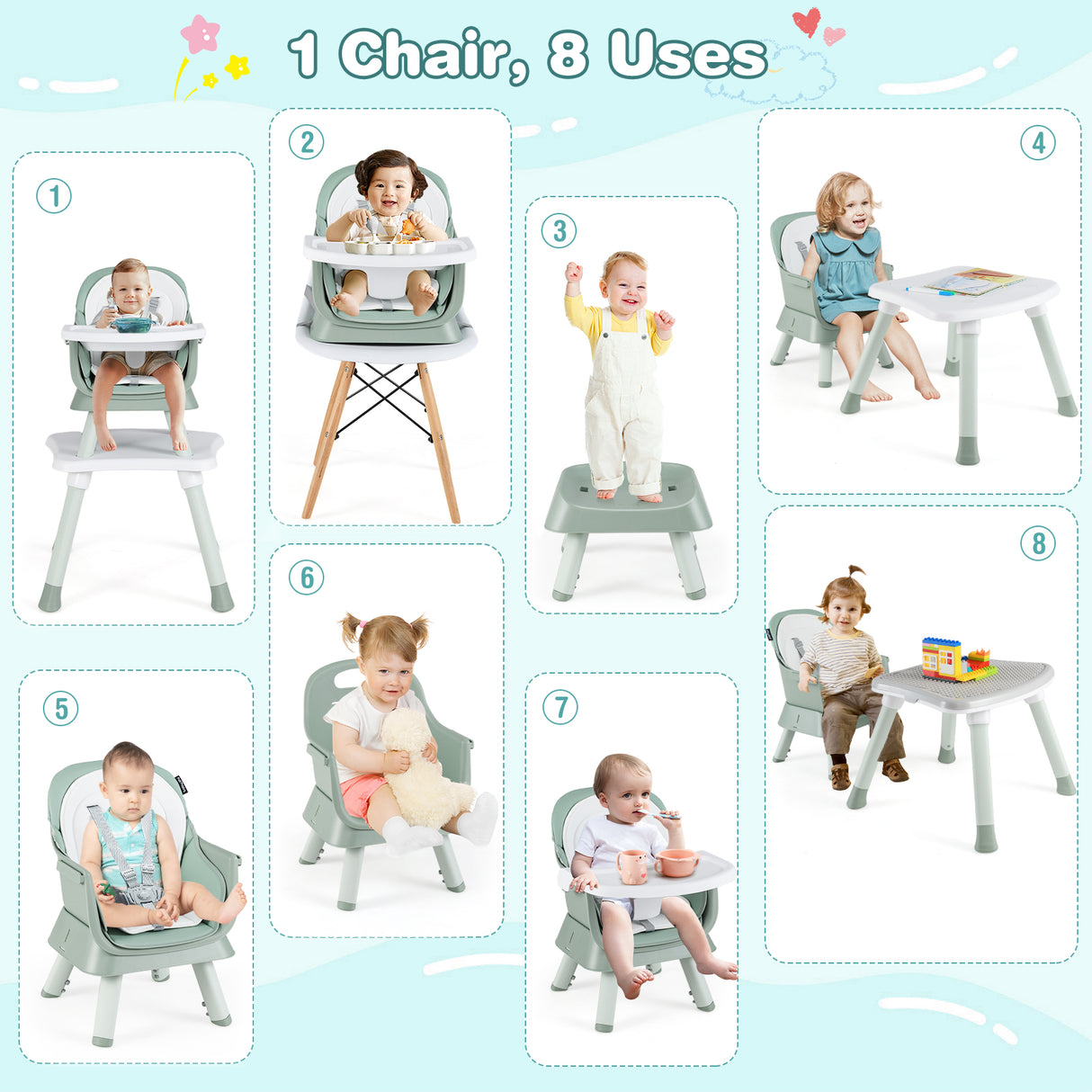 6-in-1 Convertible Baby High Chair with Adjustable Removable Tray-Green