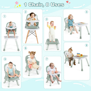 6-in-1 Convertible Baby High Chair with Adjustable Removable Tray-Green